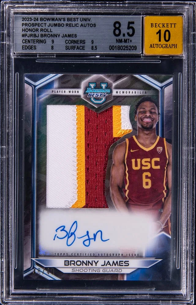 2023-24 Bowman's Best Bronny James University Prospect Jumbo Relic Autographs Honor Roll #PJR-BJ card image