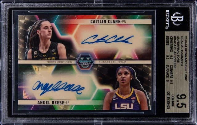 2023-24 Bowman's Best Caitlin Clark/Angel Reese University Dual Autographs SuperFractor #DA-CA card image