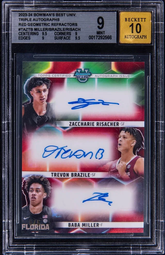 2023-24 Bowman's Best Zaccharie Risacher/Trevon Brazile/Baba Miller Triple University Triple Autographs Red Geometric Refractors #TA-ZTB card image