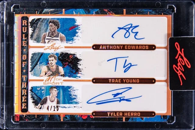 2023-24 Leaf Anthony Edwards/Trae Young/Tyler Herro Multi-Signed Card - Leaf Encased Rule of Three #R3-7 card image