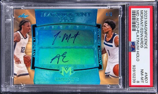 2023-24 Leaf Ja Morant/Anthony Edwards Magnificence Magnificent Duos Autographs Platinum Holo #MD-7 card image