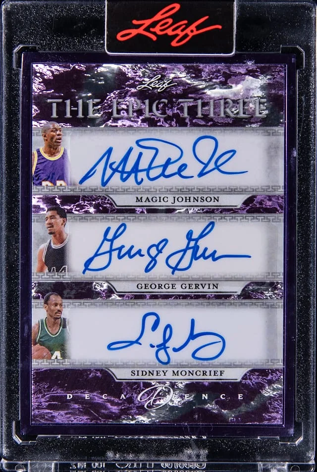 2023-24 Leaf Magic Johnson/George Gervin/Sidney Moncrief Multi-Signed Card - Leaf Encased Decadence The Epic Three #TE3-6 card image