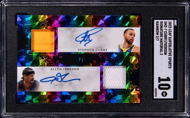 2023-24 Leaf Stephen Curry/Allen Iverson Superlative Sports Signature Material Rainbow #SM2-7 card image
