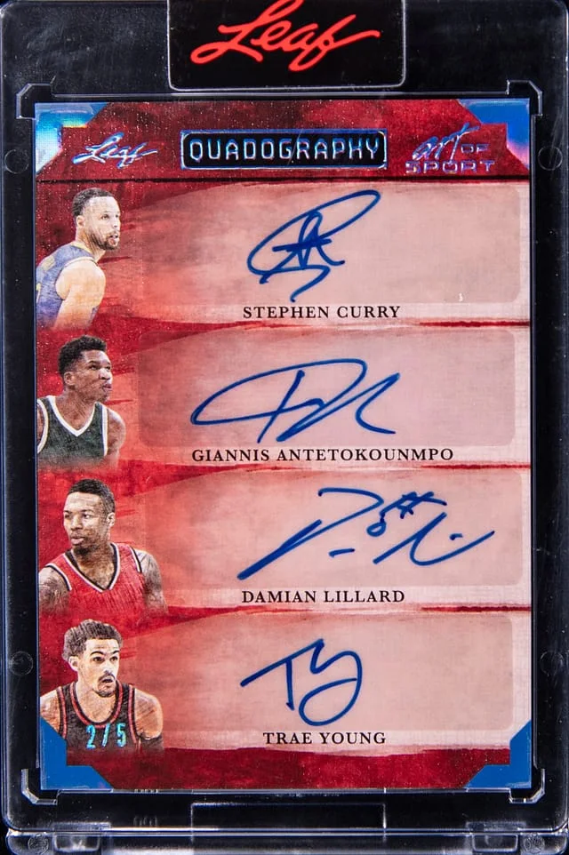 2023-24 Leaf Stephen Curry/Giannis Antetokounmpo/Damian Lillard/Trae Young Quad-Signed Card - Leaf Encased Art of Sport Quadography #Q-4 card image