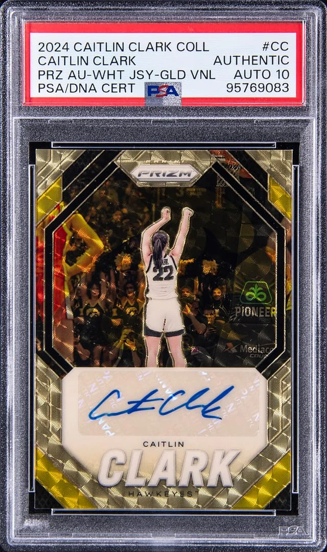 2023-24 Panini Caitlin Clark Collection Prizm Autograph White Jersey Gold Vinyl #CC card image