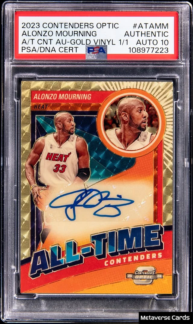 2023-24 Panini Contenders Optic Alonzo Mourning All-Time Contenders Autographs Gold Vinyl #AT-AMM card image
