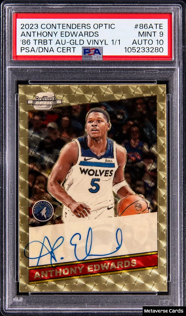 2023-24 Panini Contenders Optic Anthony Edwards 86 Tribute Autographs Gold Vinyl #86-ATE card image