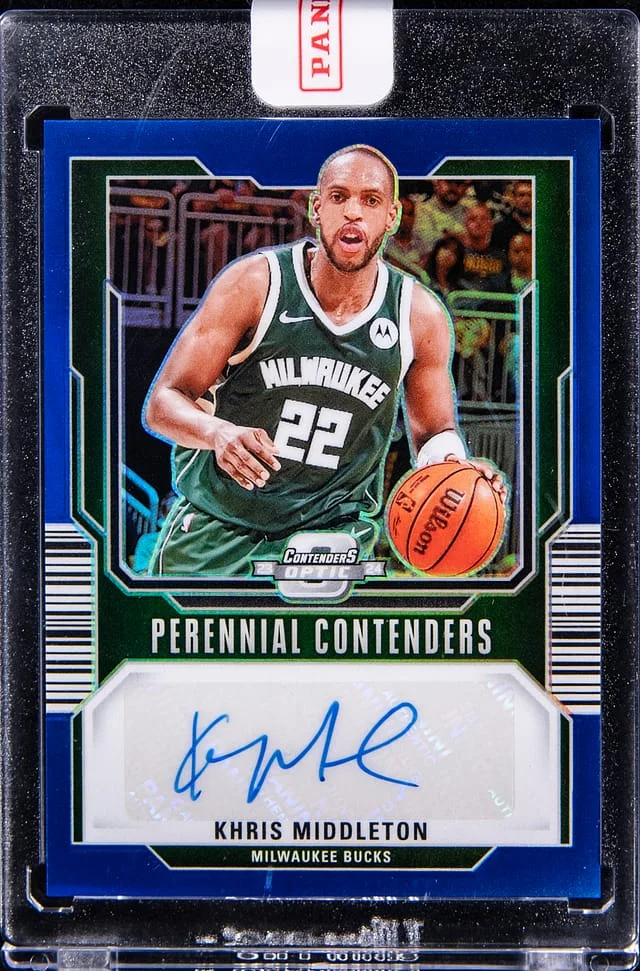 2023-24 Panini Contenders Optic Khris Middleton Perennial Contenders Autograph Blue #PA-KMM card image