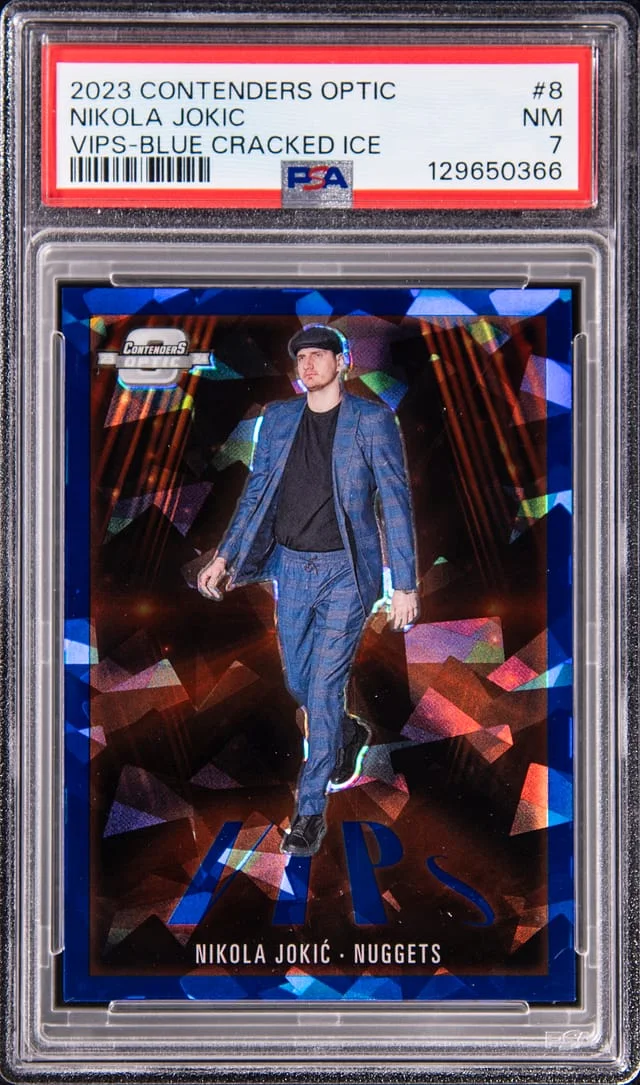 2023-24 Panini Contenders Optic Nikola Jokic Vips Blue Cracked Ice #8 card image