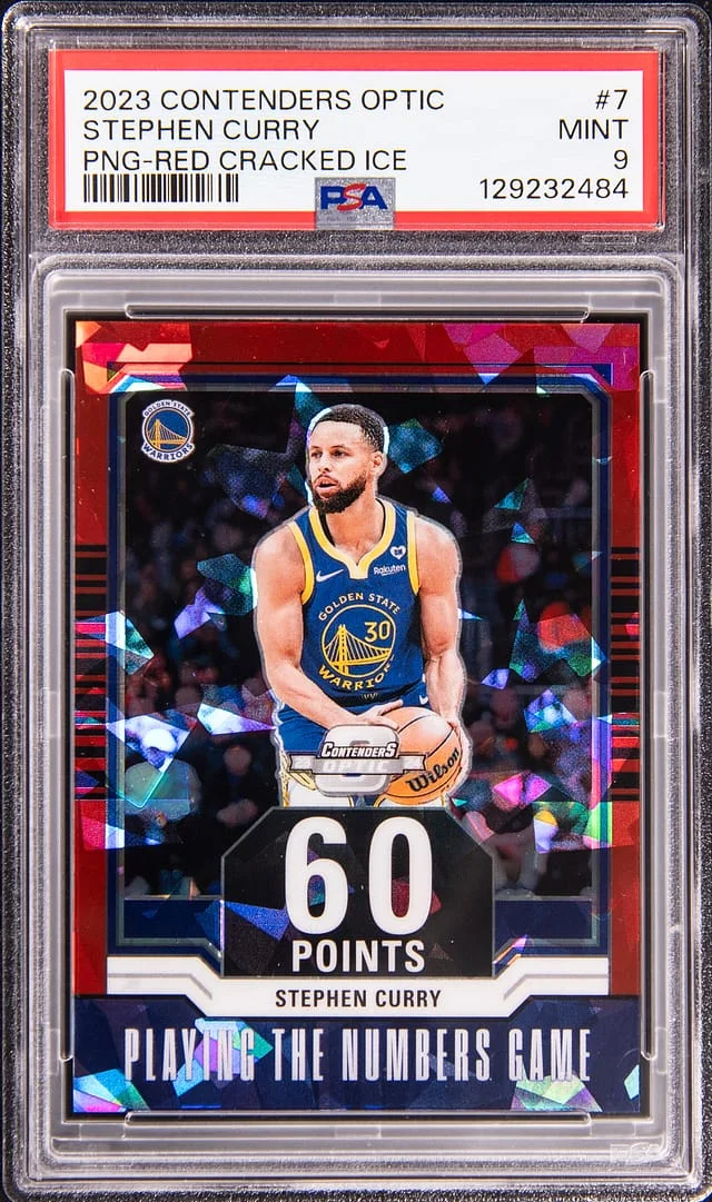 2023-24 Panini Contenders Optic Stephen Curry Playing The Numbers Game Red Cracked Ice #7 card image