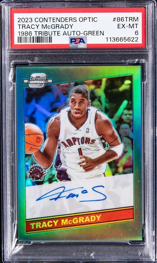 2023-24 Panini Contenders Optic Tracy McGrady 1986 Tribute Autograph Green #86-TRM card image