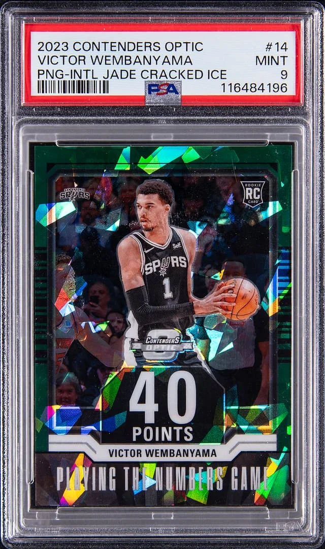 2023-24 Panini Contenders Optic Victor Wembanyama Playing The Numbers Game International Jade Cracked Ice #14 card image