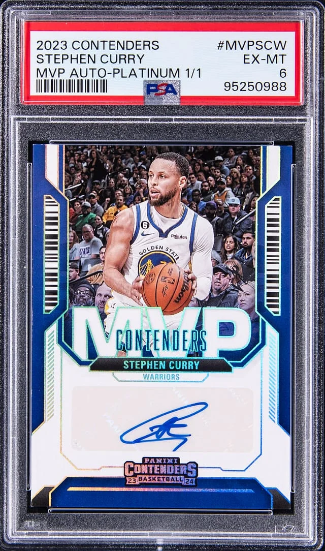 2023-24 Panini Contenders Stephen Curry MVP Autograph Platinum #MVP-SCW card image