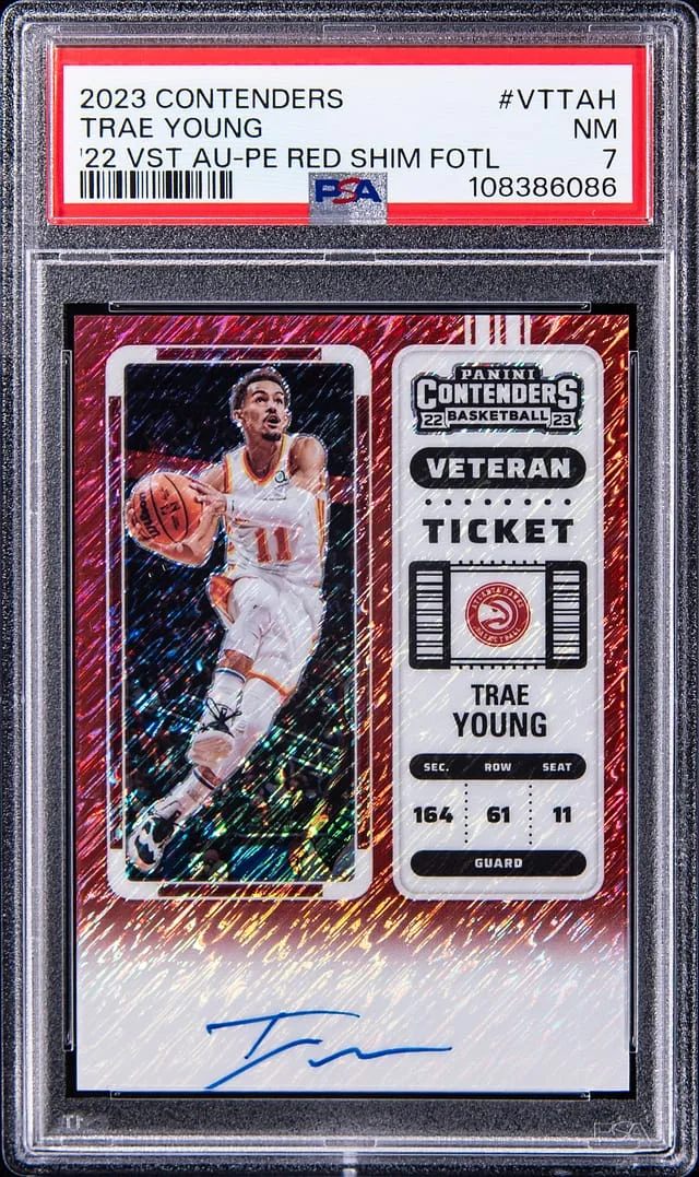 2023-24 Panini Contenders Trae Young 2022-23 Playoff Contenders Veteran Season Ticket Premium Edition Red Shimmer FOTL #VT-TAH card image