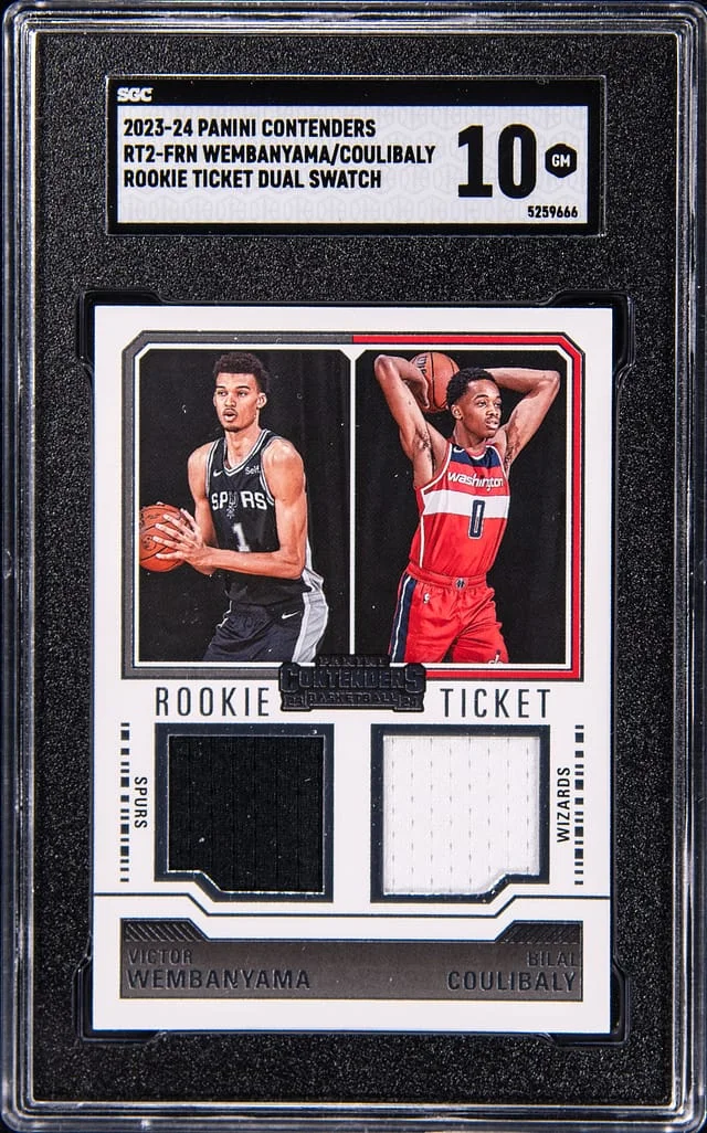 2023-24 Panini Contenders Victor Wembanyama, Bilal Coulibaly Dual-Patch Ticket Dual Swatch #RT2-FRN card image