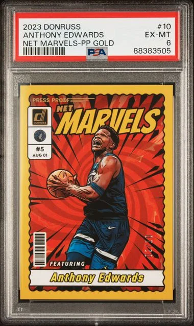 2023-24 Panini Donruss Anthony Edwards Net Marvels Press Proof Gold #10 card image