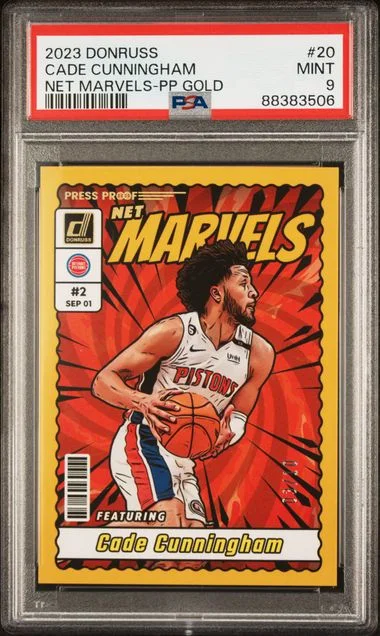 2023-24 Panini Donruss Cade Cunningham Net Marvels Press Proof Gold #20 card image