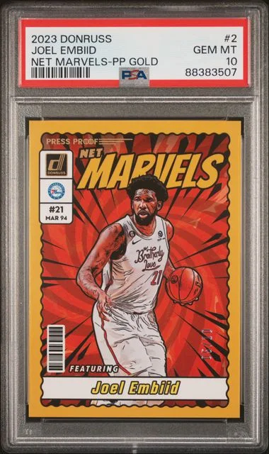 2023-24 Panini Donruss Joel Embiid Net Marvels Press Proof Gold #2 card image