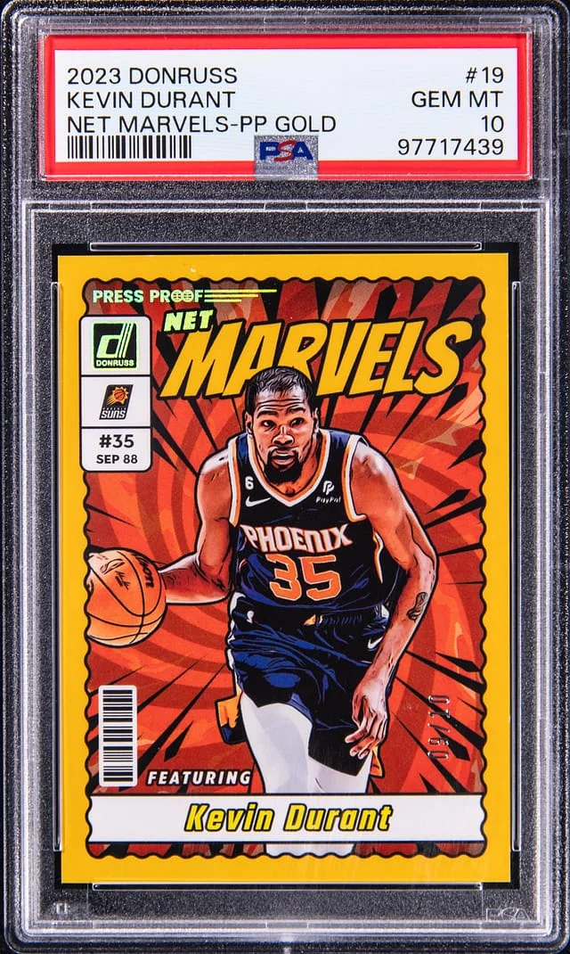 2023-24 Panini Donruss Kevin Durant Net Marvels Press Proof Gold #19 card image