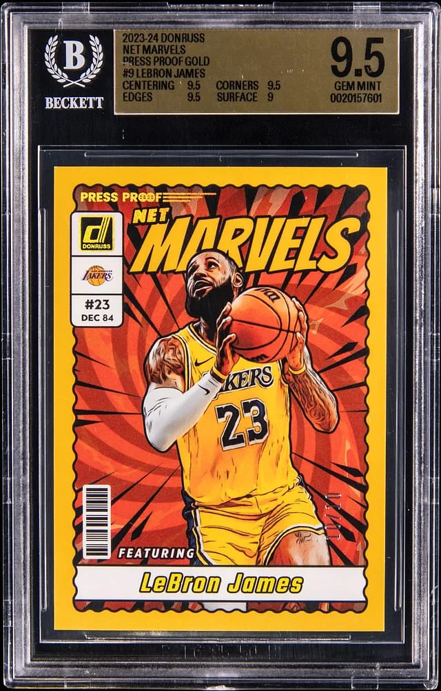 2023-24 Panini Donruss LeBron James Net Marvels Press Proof Gold #9 card image