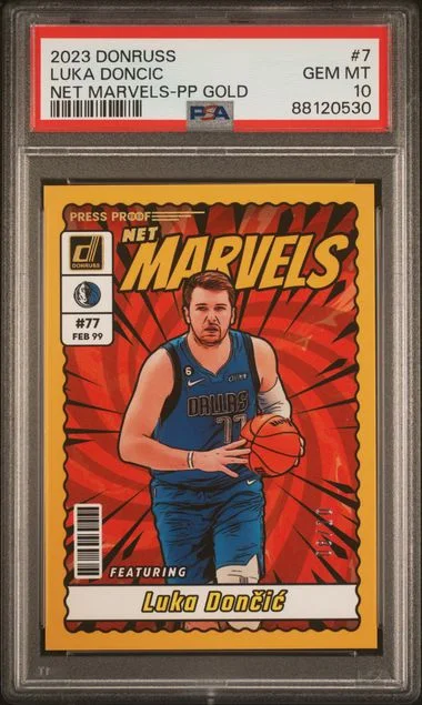 2023-24 Panini Donruss Luka Doncic Net Marvels Press Proof Gold #7 card image
