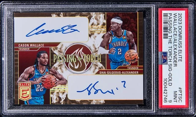 2023-24 Panini Donruss Shai Gilgeous-Alexander/Cason Wallace Elite Passing The Torch Signatures Gold #PT-SC card image