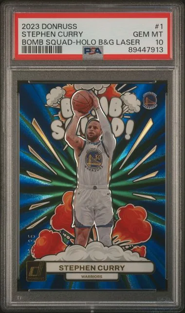 2023-24 Panini Donruss Stephen Curry Bomb Squad Holo Blue and Green Laser #1 card image