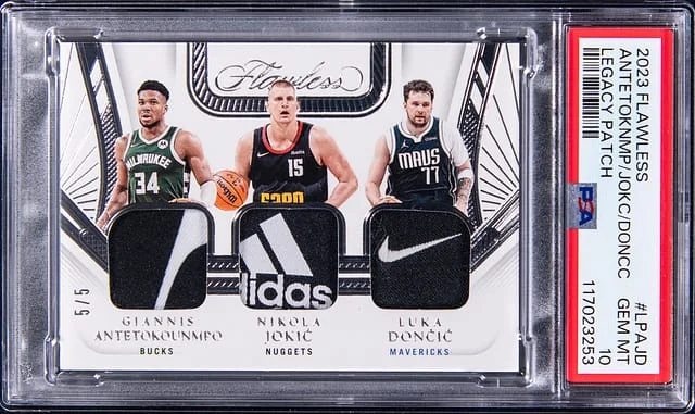 2023-24 Panini Flawless Giannis Antetokounmpo/Nikola Jokic/Luka Doncic Legacy Patch #LP-AJD card image