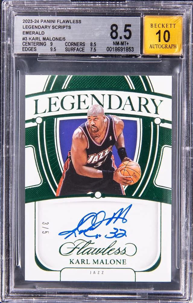 2023-24 Panini Flawless Karl Malone Legendary Scripts Emerald #LS-KML card image