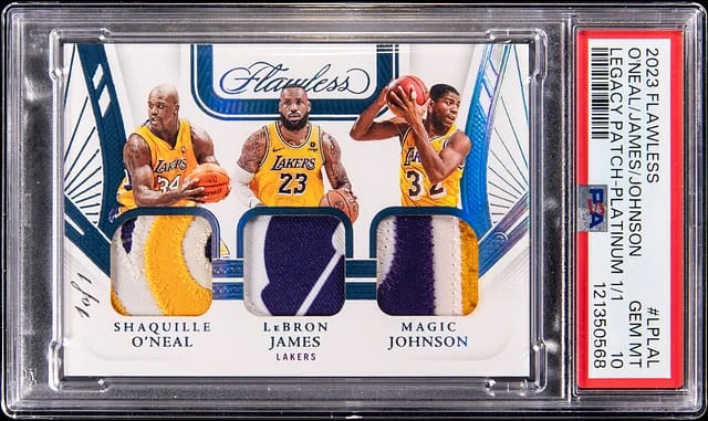2023-24 Panini Flawless LeBron James/Shaquille O'Neal/Magic Johnson Legacy Patch Platinum #LP-LAL card image