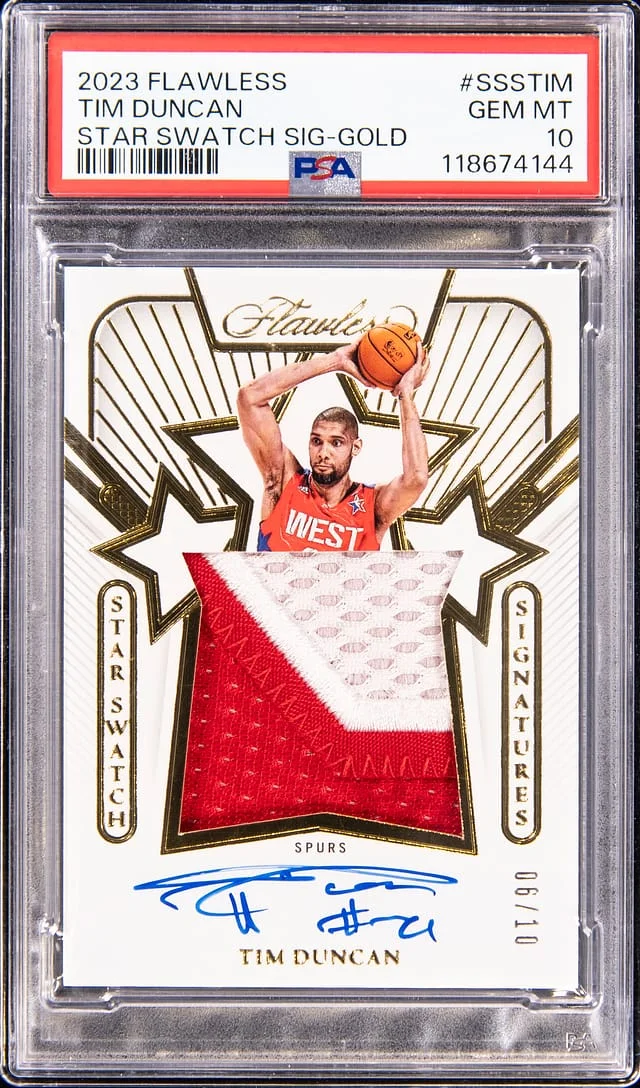 2023-24 Panini Flawless Tim Duncan Star Swatch Autographs Emerald #SSS-TIM card image