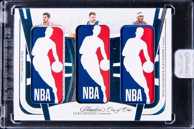 2023-24 Panini Flawless Trae Young/Luka Doncic/Shai Gilgeous-Alexander Triple Logoman #TLO-TLS card image