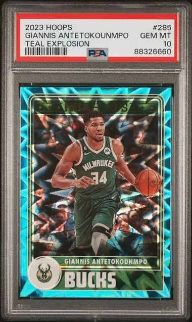 2023-24 Panini Giannis Antetokounmpo NBA Hoops Teal Explosion #285 card image