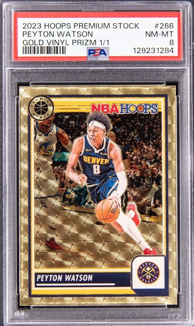 2023-24 Panini Hoops Premium Stock Peyton Watson Gold Vinyl Prizm #266 card image