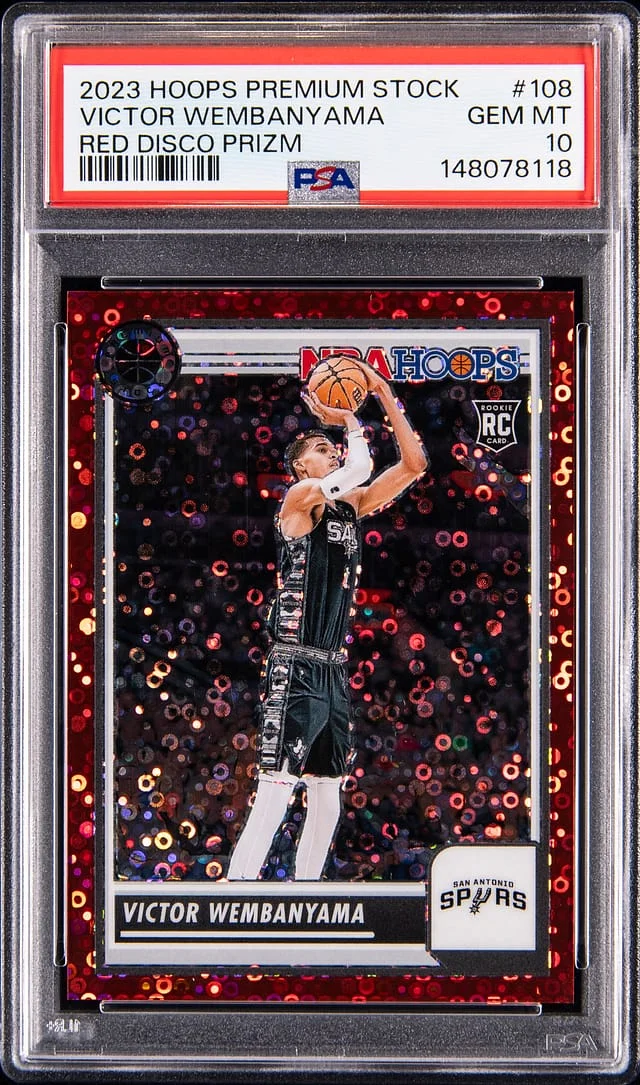 2023-24 Panini Hoops Premium Stock Victor Wembanyama Red Disco Prizm #108 card image