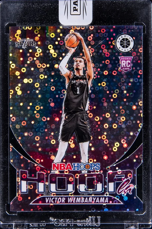 2023-24 Panini Hoops Premium Stock Victor Wembanyama - Jersey Number - Panini Encased Hoopla Disco Black Prizm #5 card image
