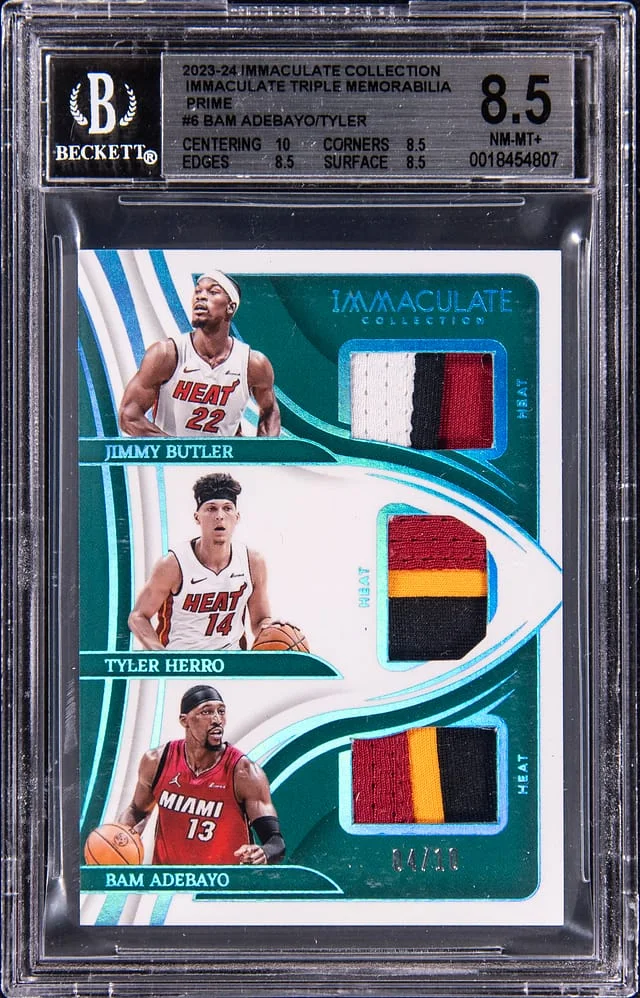 2023-24 Panini Immaculate Collection Jimmy Butler/Tyler Herro/Bam Aderayo Immaculate Triple Memorabilia Prime #6 card image