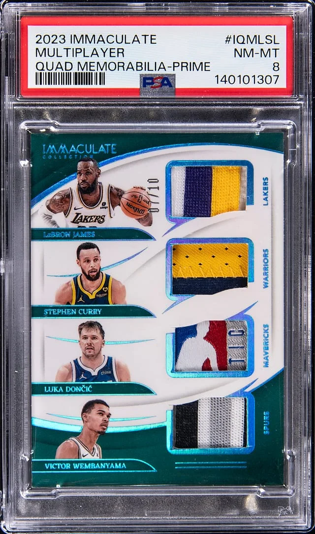 2023-24 Panini Immaculate Collection LeBron James/Stephen Curry/Luka Doncic/Victor Wembanyama Quad Memorabilia Prime #IQM-LSL card image