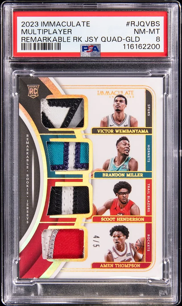 2023-24 Panini Immaculate Collection Victor Wembanyama/Brandon Miller/Scoot Henderson/Amen Thompson Remarkable Jerseys Quad Patch Gold #RJQ-VBS card image
