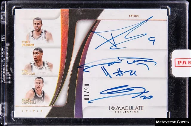 2023-24 Panini Immaculate Tony Parker/Tim Duncan/Manu Ginobili Multi-Signed Card - Panini Encased Triple Autographs #TA-SAS card image
