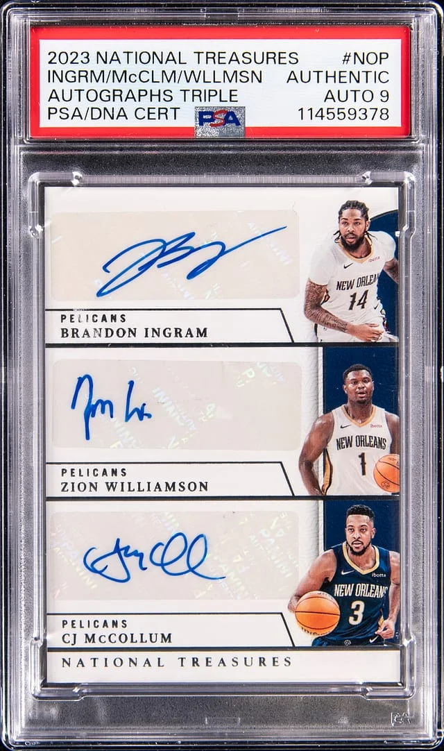 2023-24 Panini National Treasures Brandon Ingram/Zion Williamson/CJ McCollum Multi-Signed Autographs Triple #AT-NOP card image