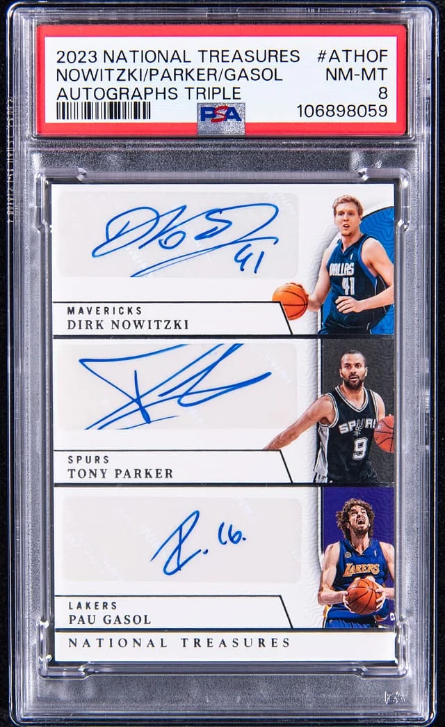 2023-24 Panini National Treasures Dirk Nowitzki/Tony Parker/Pau Gasol Multi-Signed Autographs Triple #AT-HOF card image