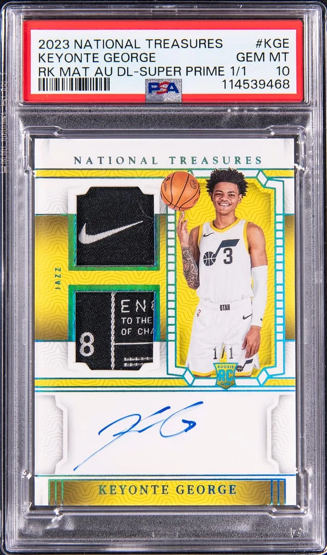 2023-24 Panini National Treasures Keyonte George Material Autographs Dual Super Prime #RMD-KGE card image