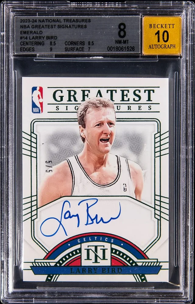 2023-24 Panini National Treasures Larry Bird NBA Greatest Signatures Emerald #14 card image