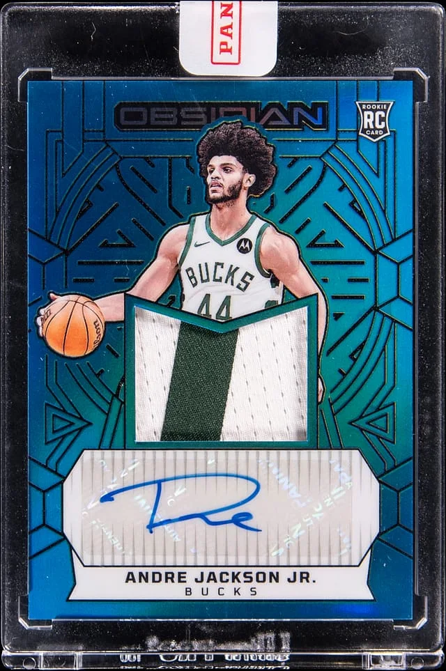 2023-24 Panini Obsidian Andre Jackson Jr. Jersey Autographs Blue Flood Electric Etch FOTL #213 card image