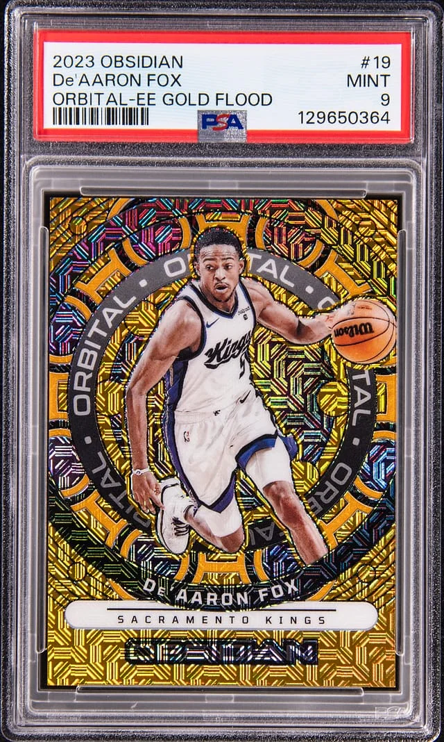 2023-24 Panini Obsidian De'Aaron Fox Orbital Electric Etch Gold Flood #19 card image