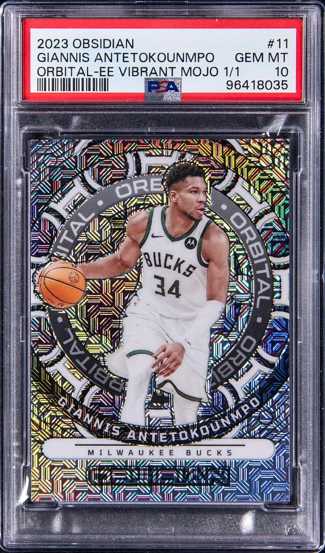 2023-24 Panini Obsidian Giannis Antetokounmpo Orbital Vibrant Mojo #11 card image