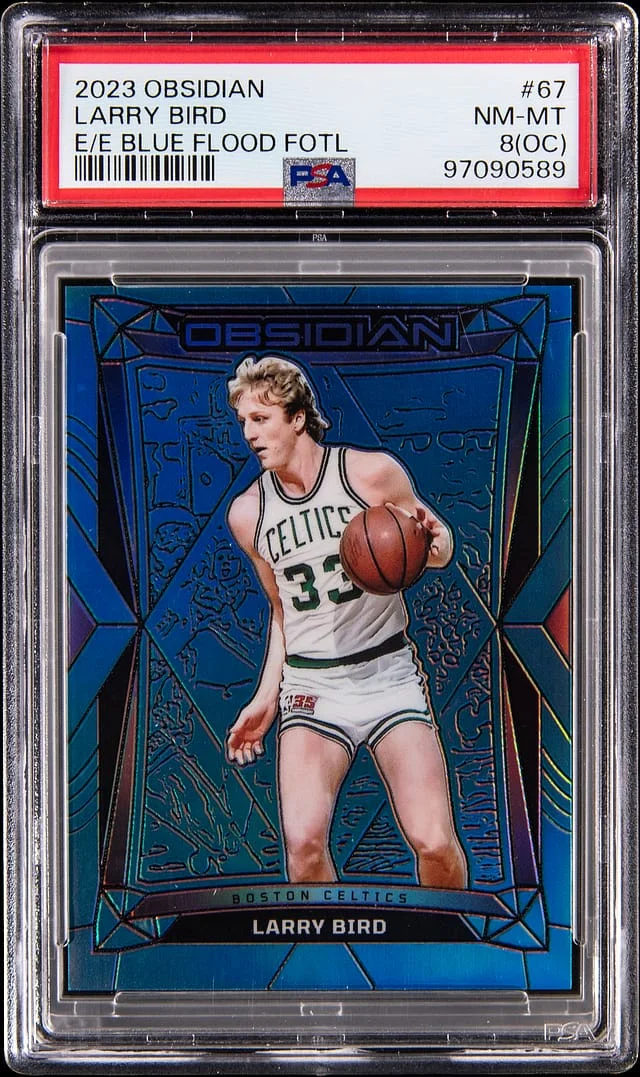 2023-24 Panini Obsidian Larry Bird Electric Etch Blue Flood FOTL #67 card image
