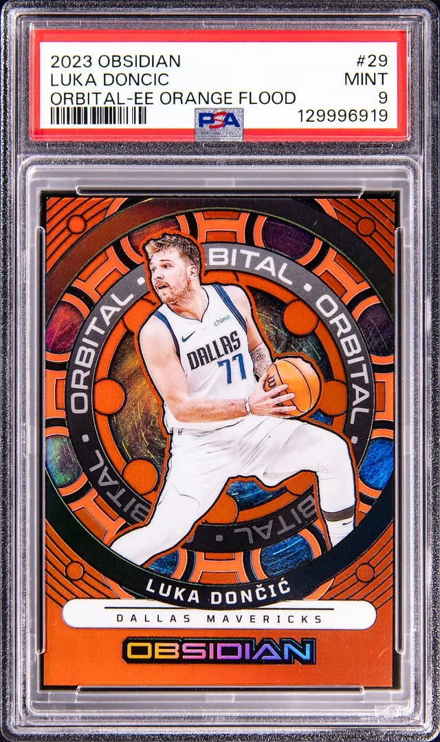 2023-24 Panini Obsidian Luka Doncic Orbital Electric Etch Orange Flood #29 card image