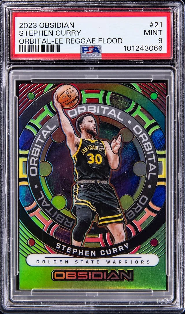 2023-24 Panini Obsidian Stephen Curry Orbital Electric Etch Reggae Flood #21 card image